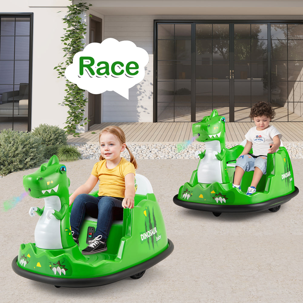 Green 12V bumper car with dinosaur design, featuring spray function and remote control, perfect for toddlers aged 2-5.