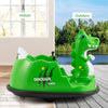 Green dinosaur-themed 12V bumper car for toddlers, featuring spray function, remote control, and safety belt for indoor.