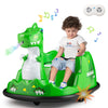 Green dinosaur-themed 12V bumper car for toddlers with spray function, remote control, and safety features for.