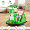 Green dinosaur-themed 12V bumper car for toddlers, featuring spray function, built-in music, and 360-degree spin.