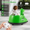 Green 12V bumper car for toddlers with dinosaur design, featuring remote control, spray function, and safety belt.