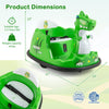 Green 12V bumper car for toddlers with spray function, suitable for ages 2-5, featuring safety belt and colorful lights.