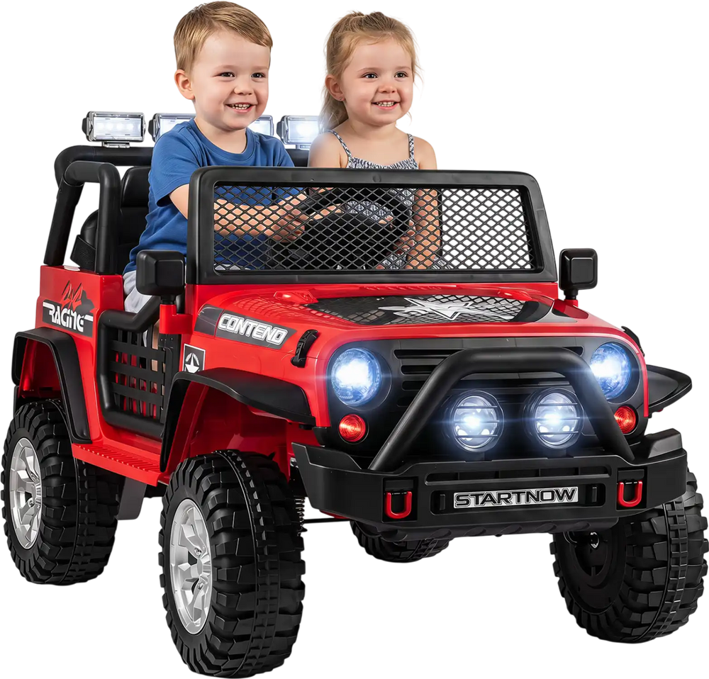 Red 12V electric 2-seater kids ride-on car with remote control, safety features, and bright LED lights for outdoor fun.