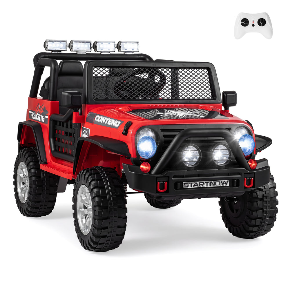 Red 12V electric 2-seater kids ride-on car with remote control, LED lights, and spacious design for outdoor fun.