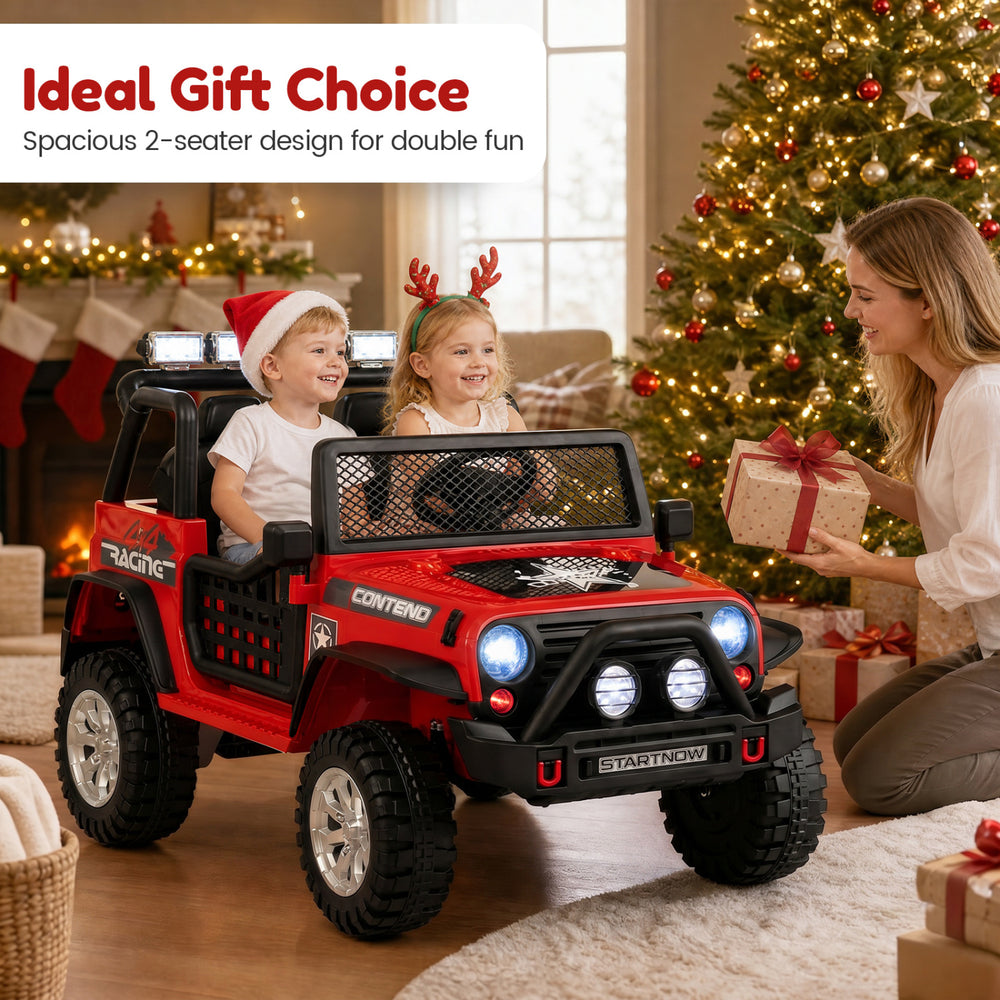 Red 12V electric 2-seater kids ride-on car with remote control, safety features, and fun entertainment options for outdoor play.