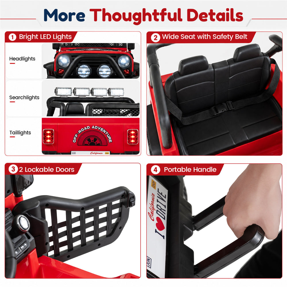 Bright LED lights and a spacious 2-seater design enhance the fun of this red 12V electric kids ride-on car.