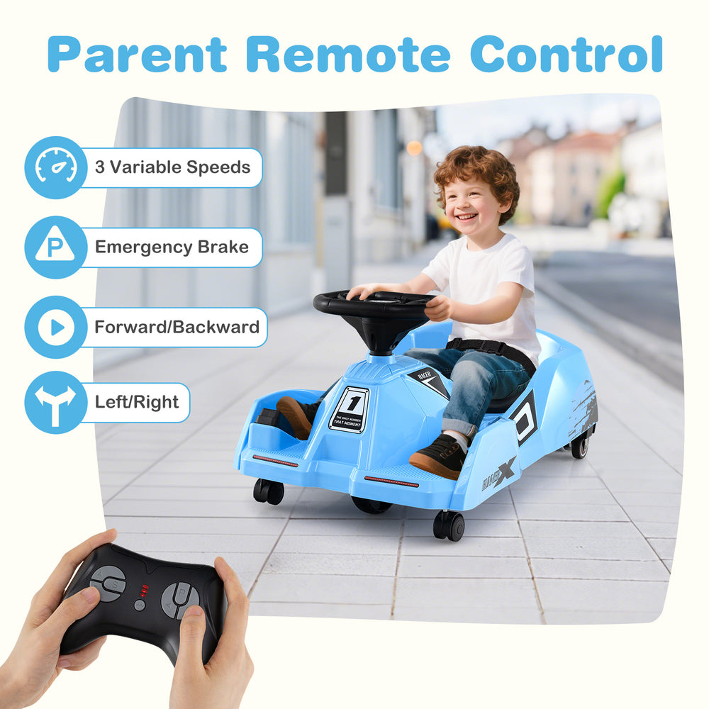 Blue 12V electric go-kart with remote control, detachable mop, and safety features for kids aged 2-5 years.
