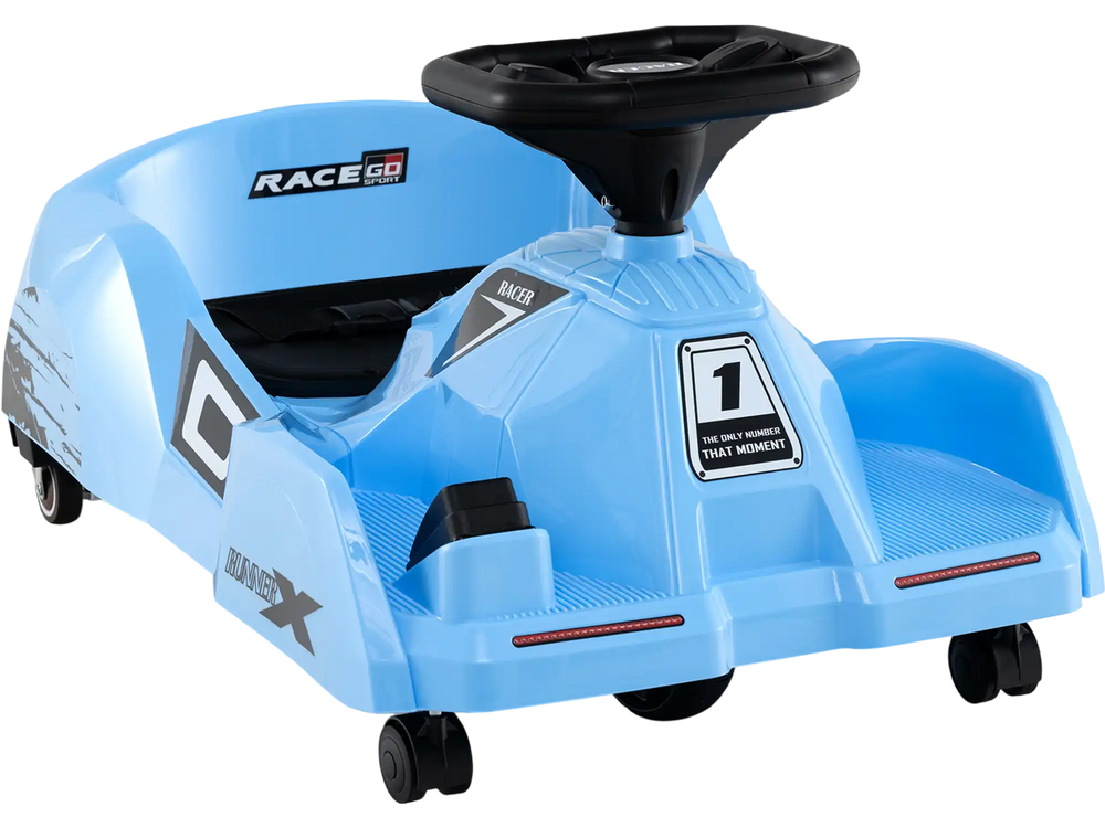 Blue 12V electric go-kart with detachable mop, steering wheel, and safety features for kids aged 2-5 years.