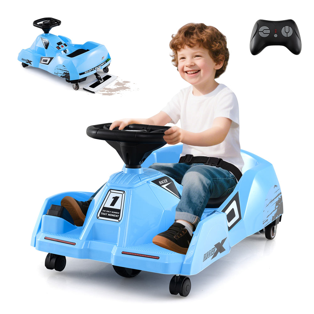 Blue 12V electric go-kart for kids with detachable mop, remote control, and safety features for fun and learning.