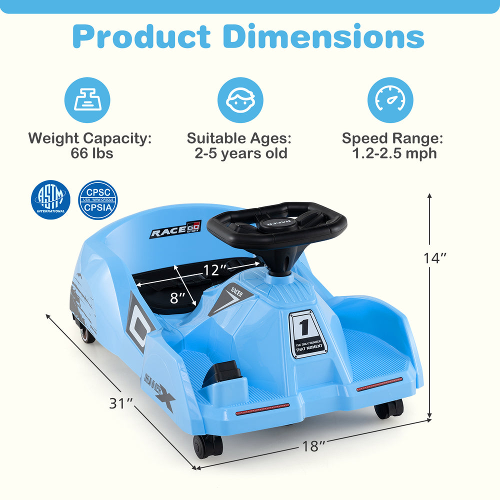 Blue 12V Electric Cleaning Go Kart with detachable mop, suitable for kids aged 2-5, featuring three modes and safety.