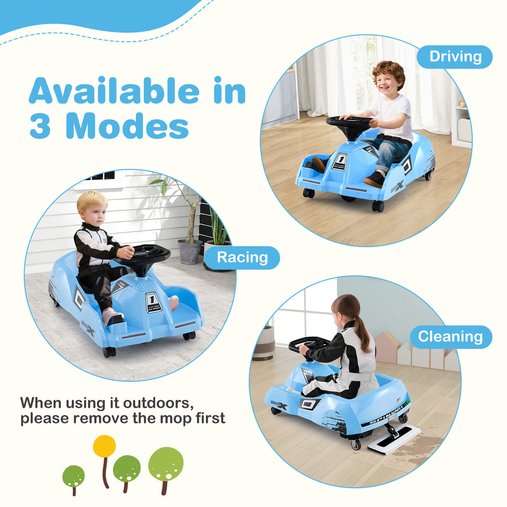 12V Electric Cleaning Go Kart in blue, featuring detachable mop, remote control, and three modes for kids aged 2-5.