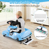 Electric cleaning go-kart in blue with detachable mop, 10 disposable mop cloths, and remote control for kids aged 2-5.
