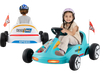 Electric go-kart for kids in blue, featuring remote control, safety flags, and LED lights for fun outdoor racing.