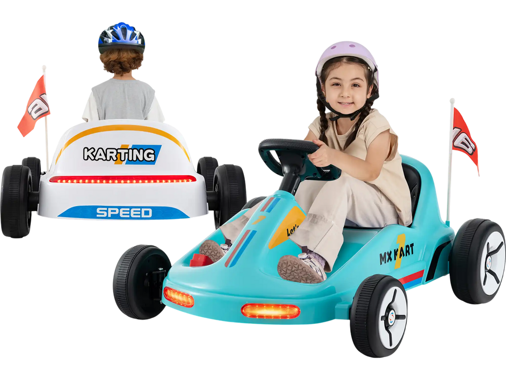 Electric go-kart for kids in blue, featuring remote control, safety flags, and LED lights for fun outdoor racing.