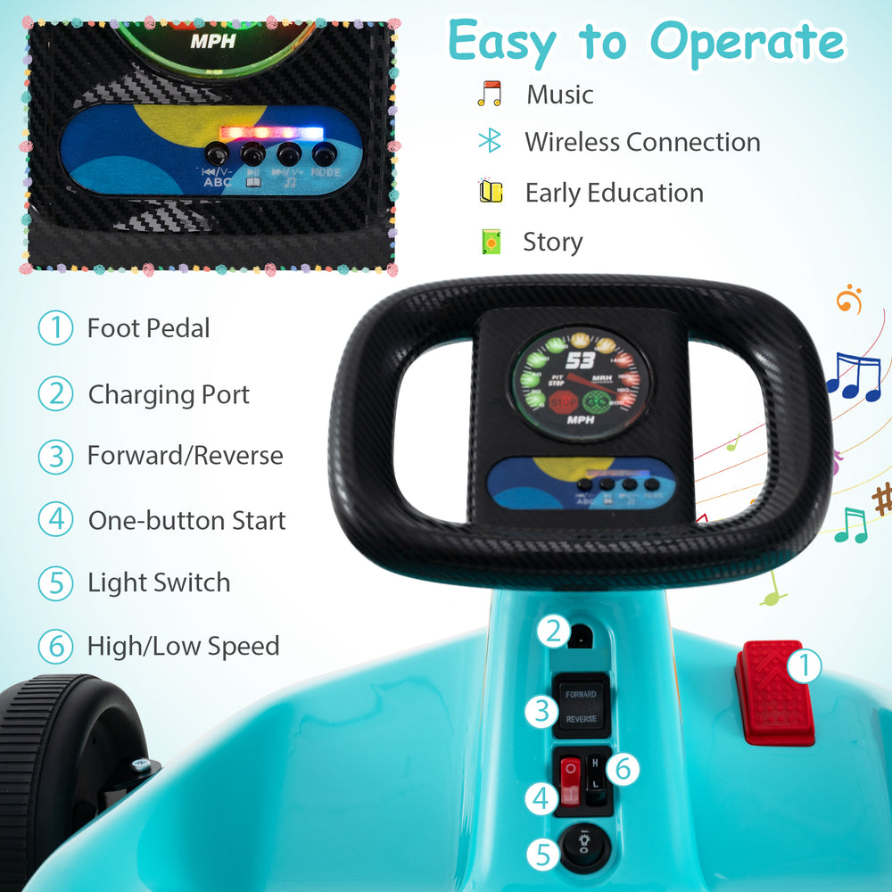 Control panel of the 12V Electric Go Kart for Kids, featuring music, remote control, and easy operation buttons.