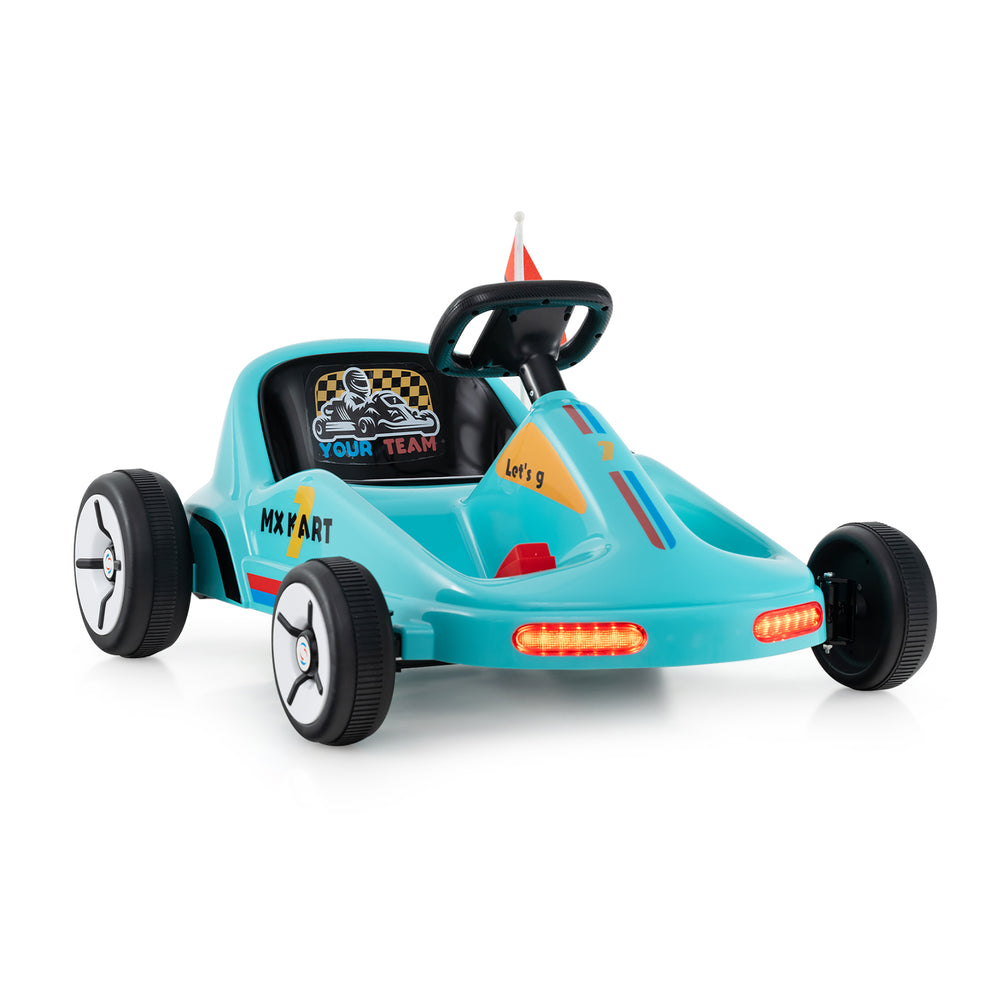 Electric go-kart for kids in blue with remote control, LED lights, and spacious seat for safe outdoor fun.