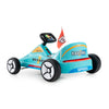Blue 12V electric go-kart for kids with remote control, safety features, and built-in music for outdoor fun.