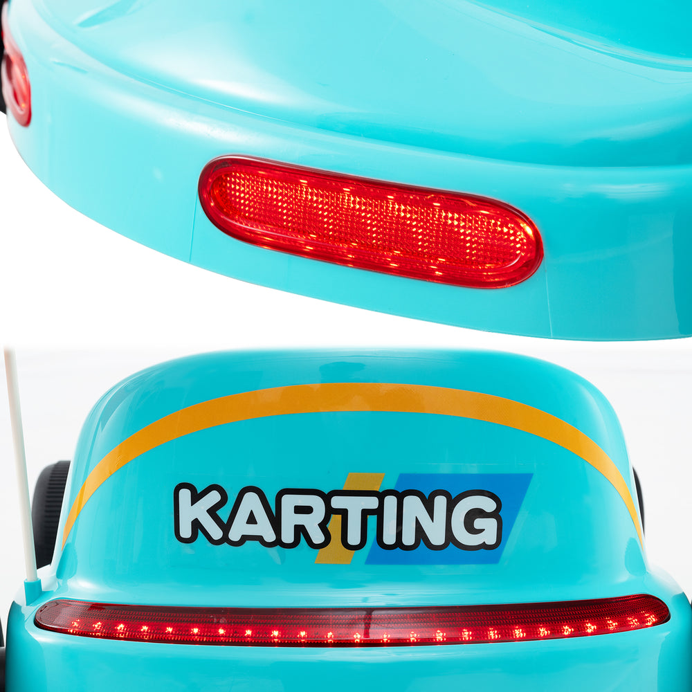 Close-up of the blue 12V electric go-kart's rear with LED taillights and "KARTING" logo for kids' racing fun.