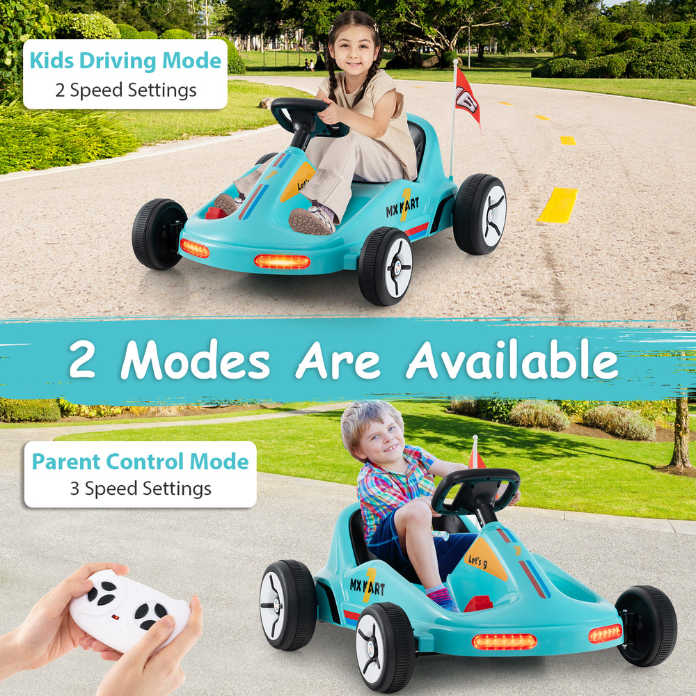 Kids' 12V electric go-kart in blue with remote control, featuring two driving modes and LED lights for safe fun.