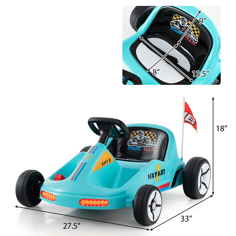 Electric go-kart for kids in blue with remote control, LED lights, and spacious seat for safe, fun rides.
