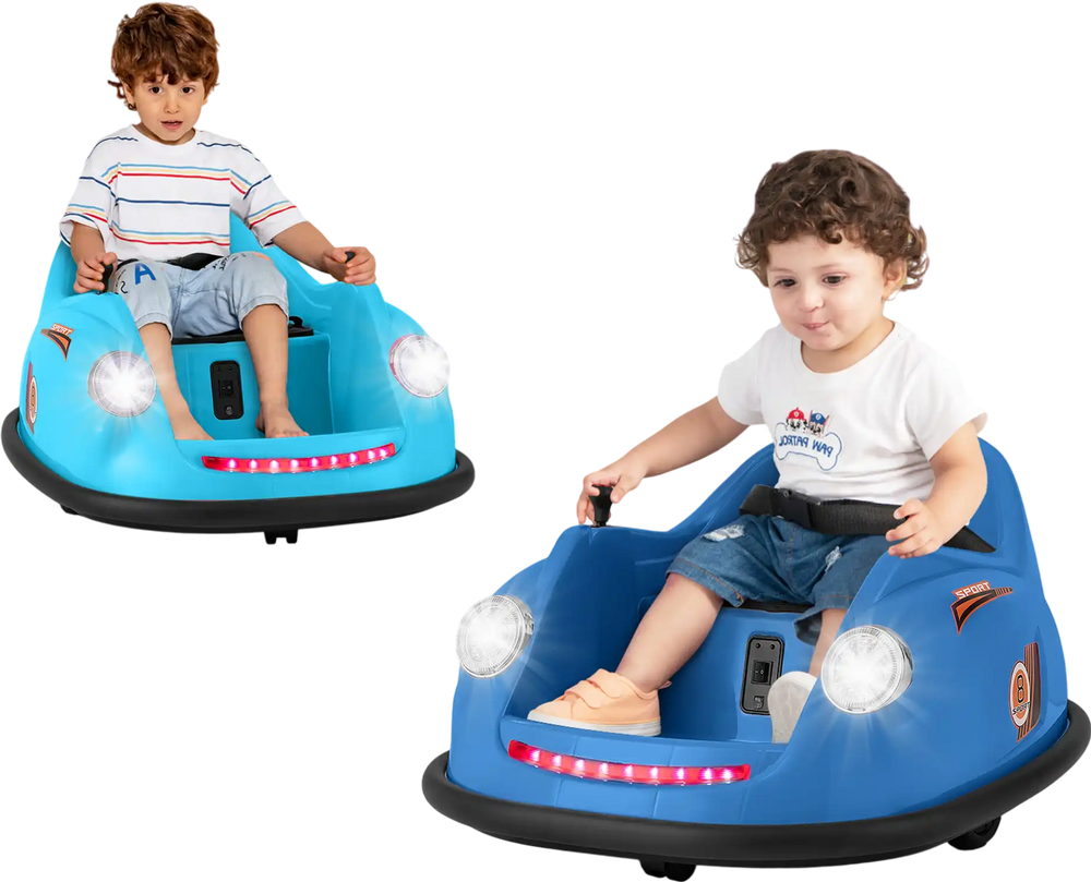 Two kids enjoying a 12V electric bumper car in blue and light blue, featuring LED lights and remote control for safety.