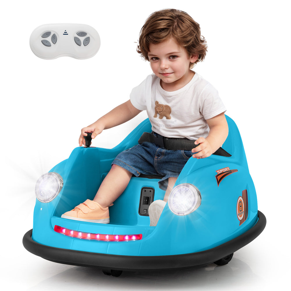 Blue 12V electric kids ride-on bumper car with remote control, featuring LED lights and soft bumper for safety and fun.