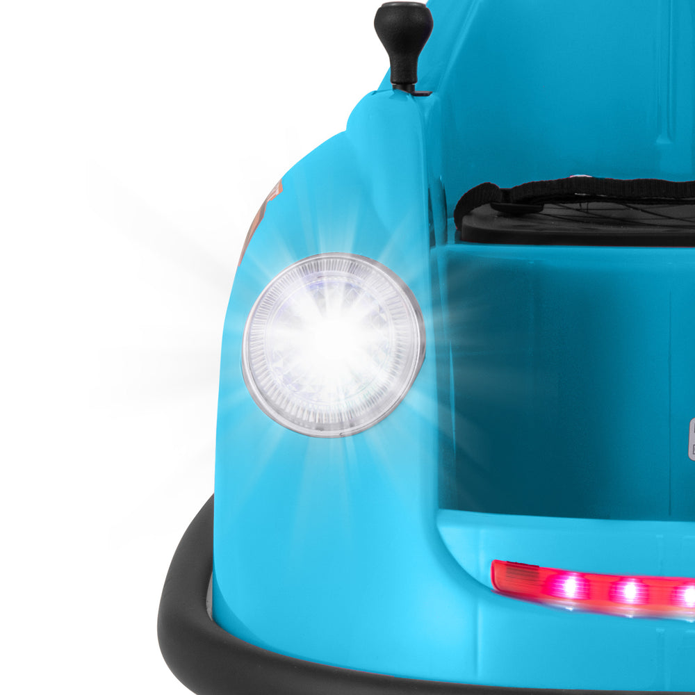 Front view of the blue 12V electric kids ride-on bumper car with LED headlights and remote control for safe play.