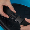 Hands fastening the adjustable safety belt on a blue 12V electric kids ride-on bumper car for secure play.