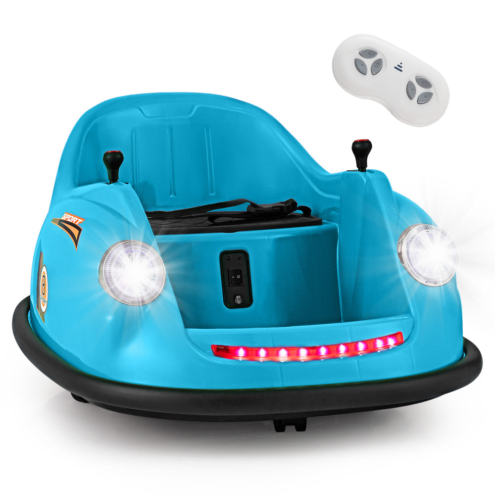 Blue 12V electric kids ride-on bumper car with remote control, LED lights, and 360-degree spin for indoor or outdoor.