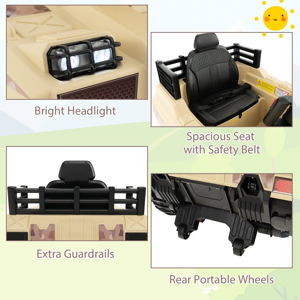 Spacious seat with safety belt and extra guardrails on the 12V electric kids ride-on tank for safe driving.
