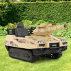 Kids ride-on tank in khaki with rotatable turret, 8 missiles, and dual control for outdoor fun and safe driving.