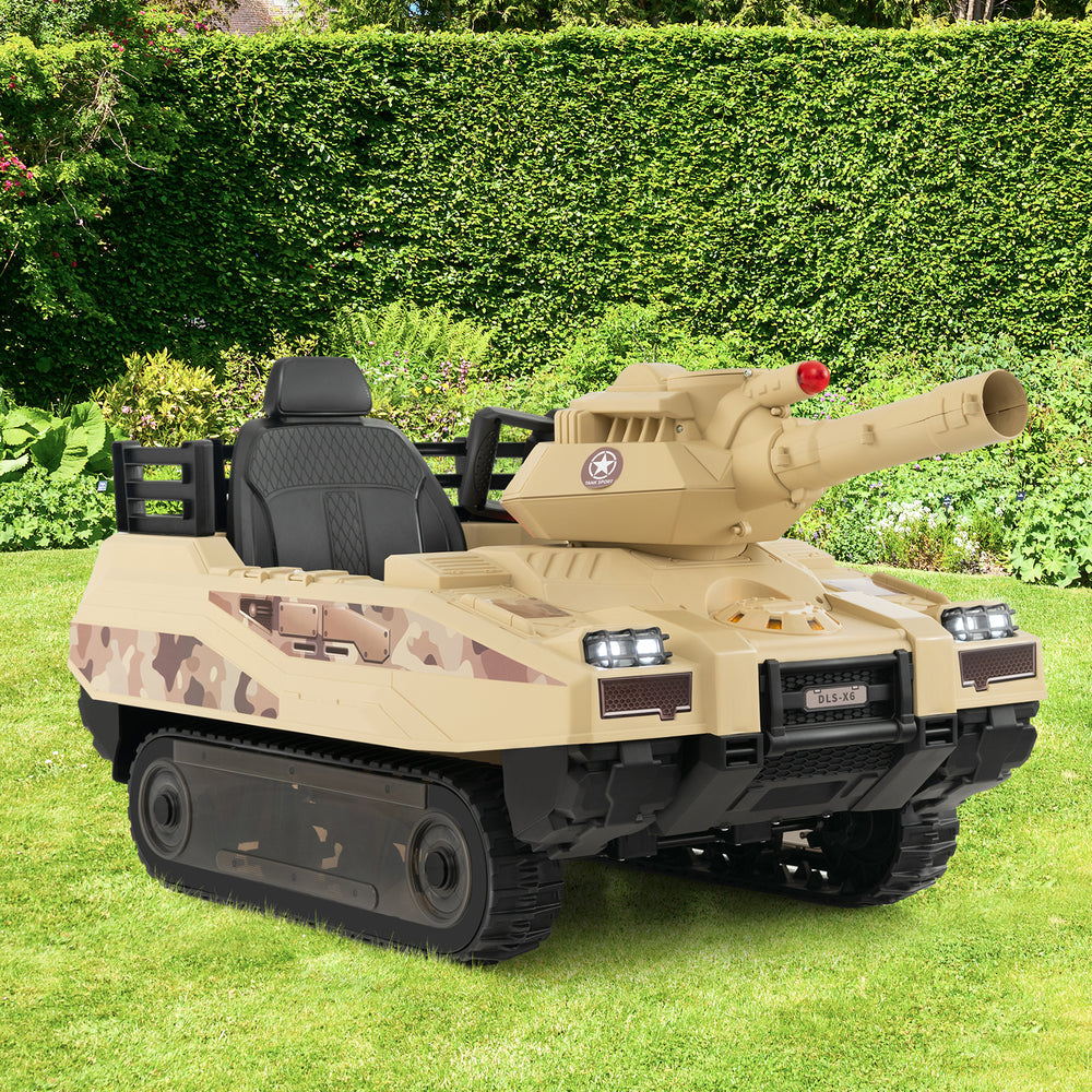 Kids ride-on tank in khaki with rotatable turret, 8 missiles, and dual control for outdoor fun and safe driving.