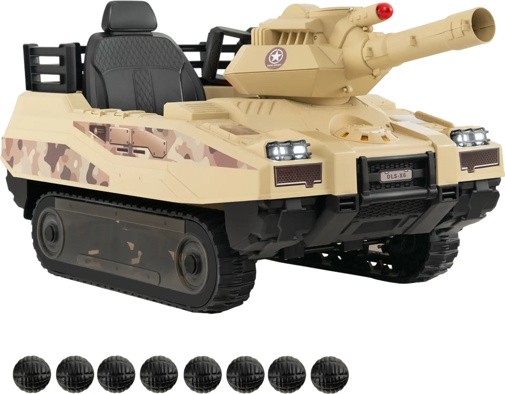 Kids ride-on tank in khaki with rotatable turret, 8 missiles, and dual control modes for ages 37-95 months.
