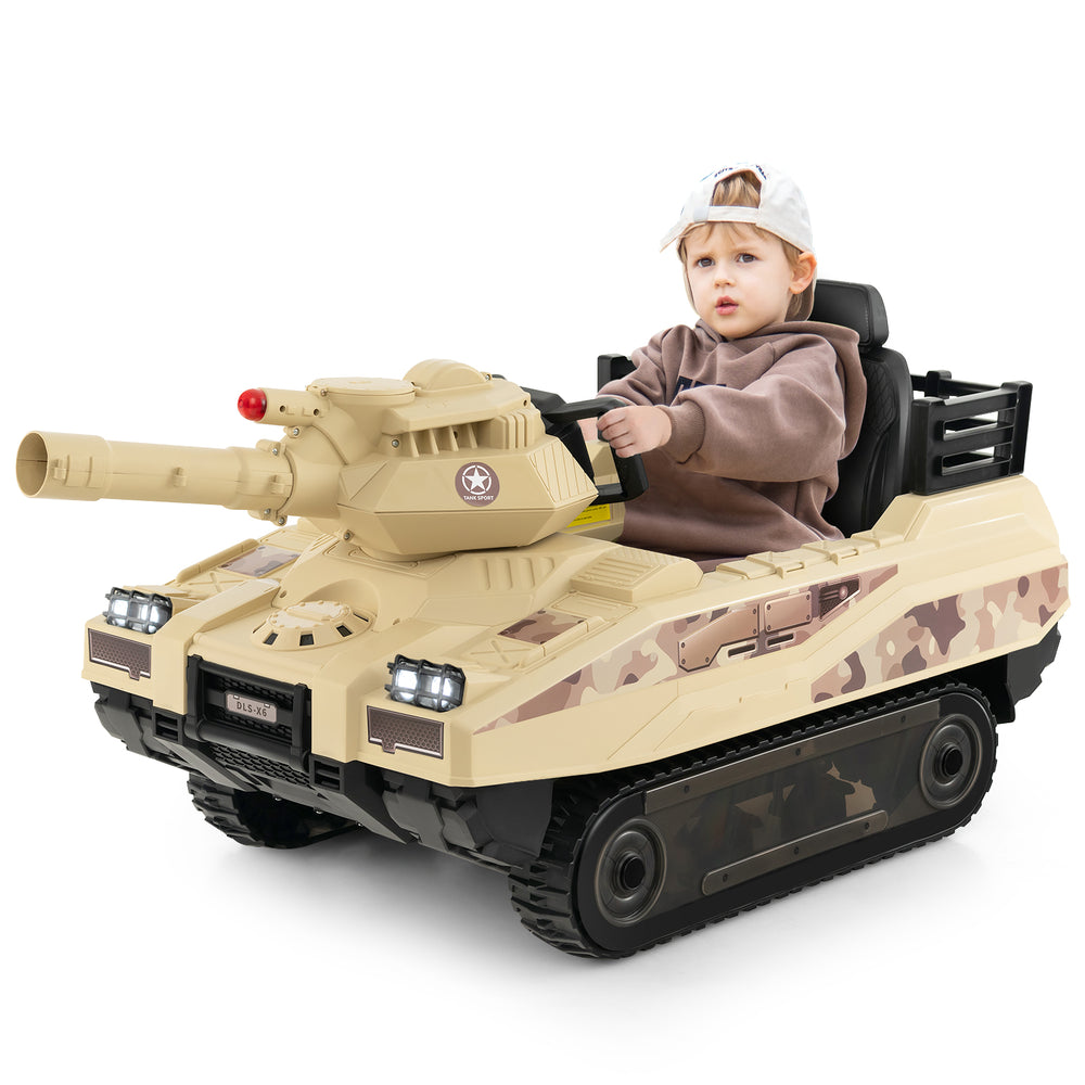 Kids ride-on tank in khaki with rotatable turret, 8 missiles, and dual control for ages 37-95 months.