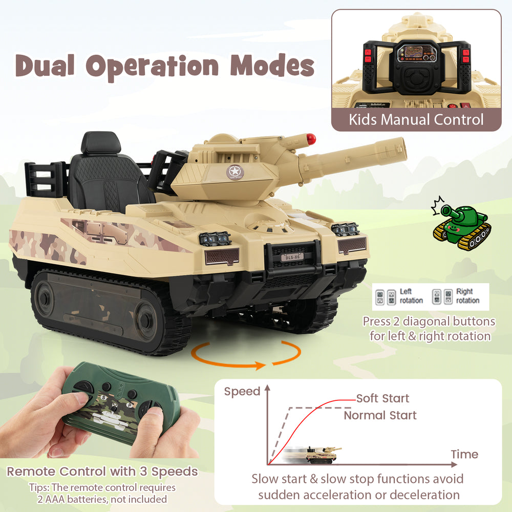 Khaki 12V electric kids ride-on tank with rotatable turret, 8 missiles, and remote control for safe outdoor fun.