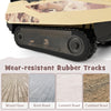Wear-resistant rubber tracks of the khaki 12V electric kids ride-on tank, suitable for wood, brick, and cobbled roads.
