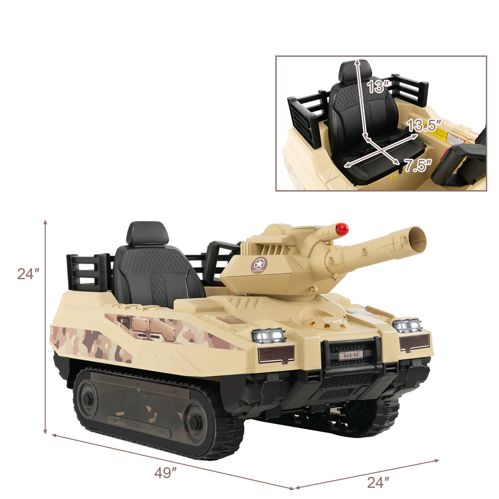 Kids ride-on tank in khaki with rotatable turret, 8 missiles, and spacious seat for ages 37-95 months.