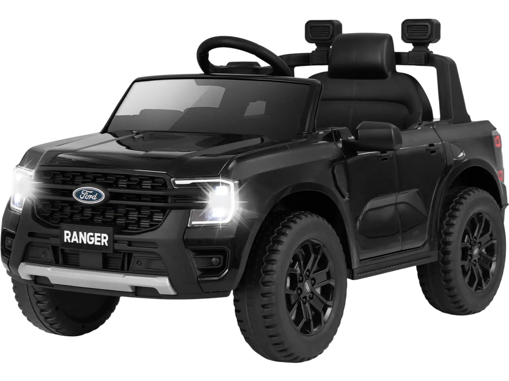 Black 12V electric kids ride-on Ford Ranger with remote control, LED lights, and ergonomic seat for safe outdoor fun.