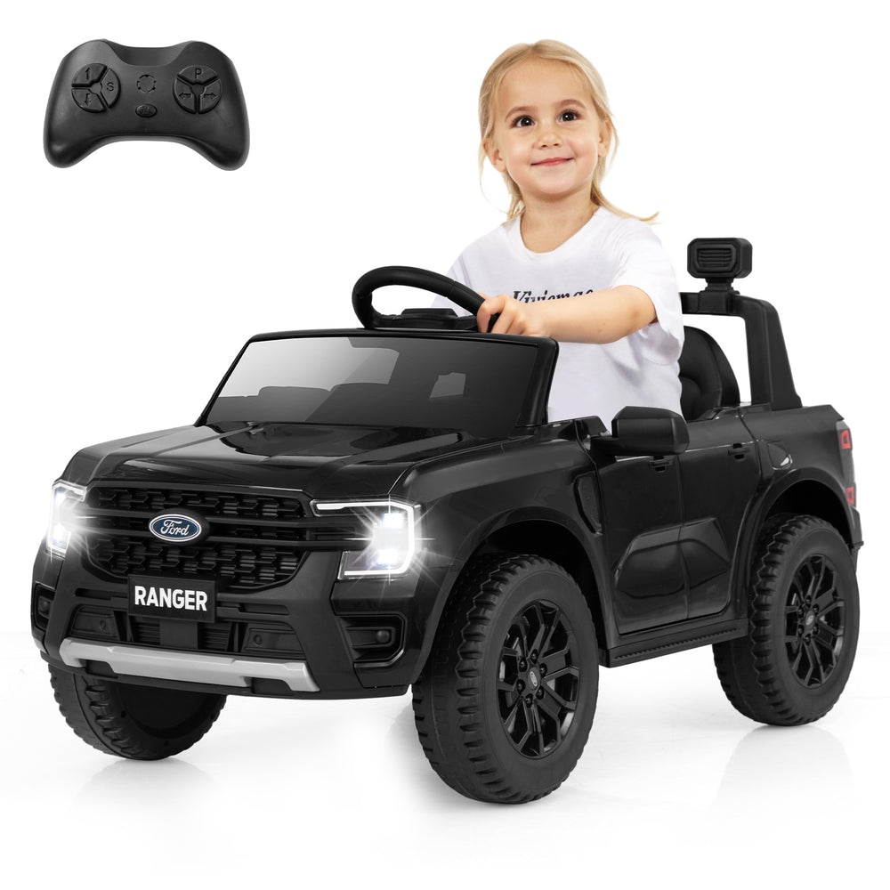 Black 12V electric kids ride-on Ford Ranger with remote control, LED lights, and ergonomic seat for safe driving fun.