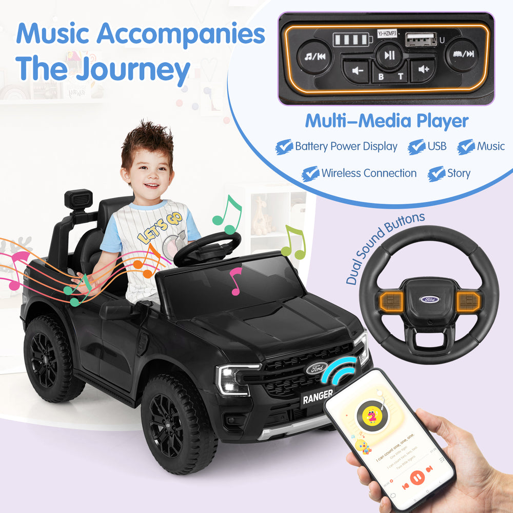 12V electric kids ride-on car in black with multimedia player, remote control, and safety features for fun outdoor.