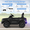 Black 12V electric kids ride-on car with remote control, featuring soft start, safety belt, and treaded tires for safe.