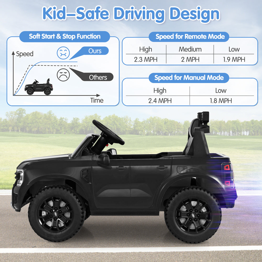 Black 12V electric kids ride-on car with remote control, featuring soft start, safety belt, and treaded tires for safe.