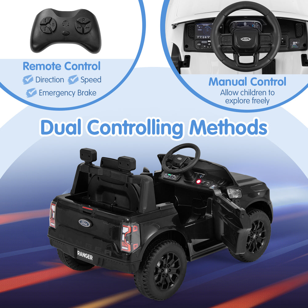 12V electric kids ride-on car in black with remote control, manual mode, and realistic features for safe driving fun.