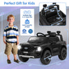 12V electric kids ride-on car in black, featuring remote control, multimedia player, and ergonomic seat for safe fun.