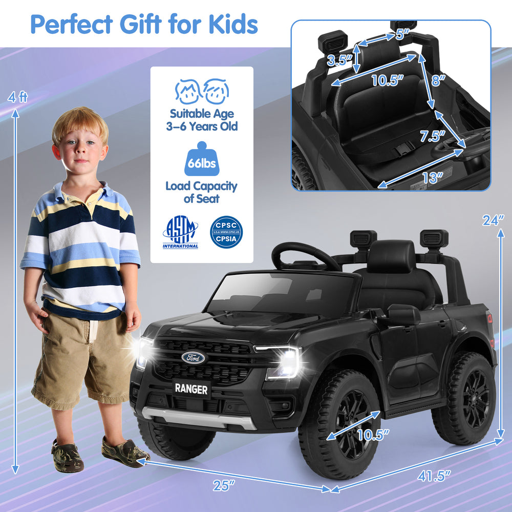 12V electric kids ride-on car in black, featuring remote control, multimedia player, and ergonomic seat for safe fun.