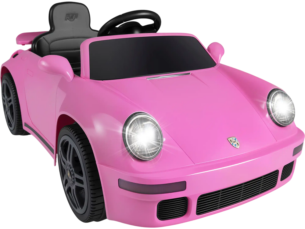 Pink 12V electric ride-on car with remote control, LED headlights, and stylish design for kids aged 3 and up.