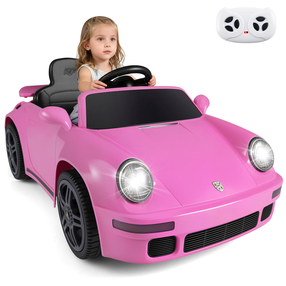 Pink 12V electric ride-on car for kids with remote control, LED headlights, and music features for fun outdoor play.