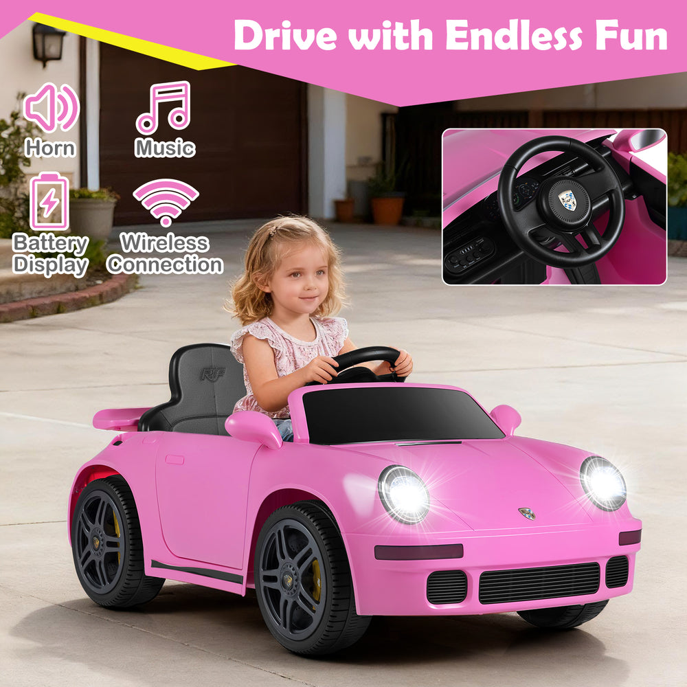 Pink 12V electric ride-on car with remote control, music, and LED headlights for kids aged 3 and up.