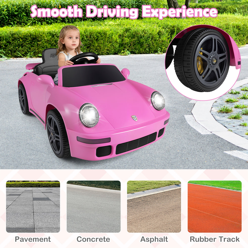Pink 12V electric ride-on car with remote control, designed for smooth driving on various surfaces like asphalt and.