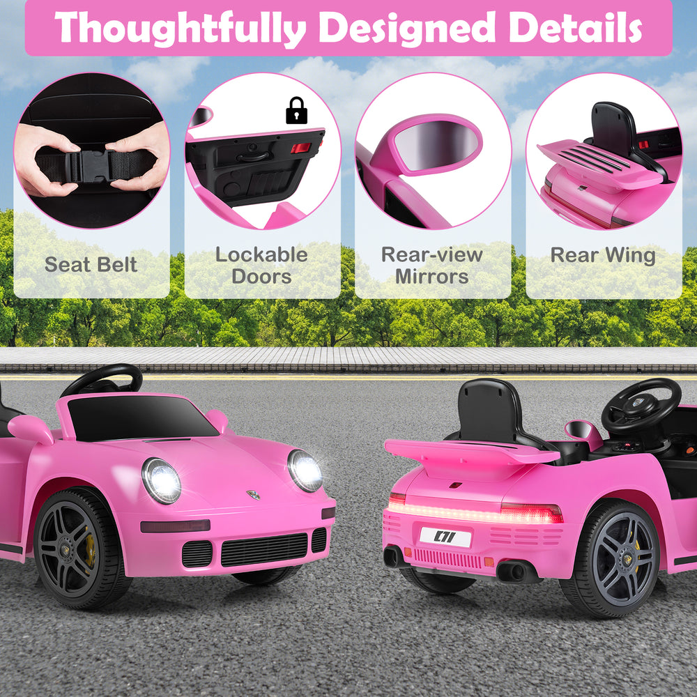 Pink 12V electric ride-on car with lockable doors, rear-view mirrors, and a stylish rear wing for kids' fun.
